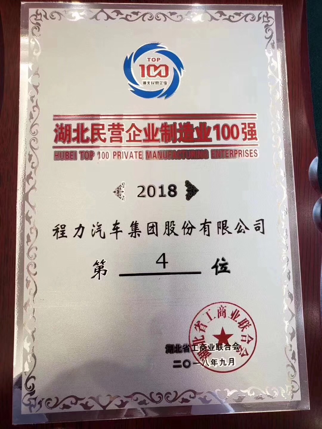 程力汽車集團獲得2018年排名湖北民企制造業(yè)百強第4位
